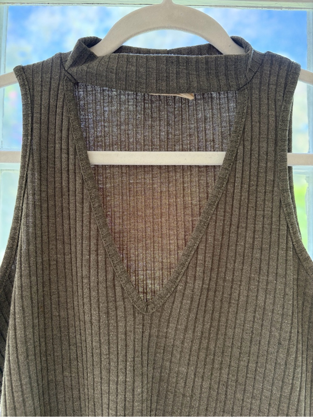 Sleeveless Ribbed V-Neck Tank Top - Olive Green - Picture 2 of 5